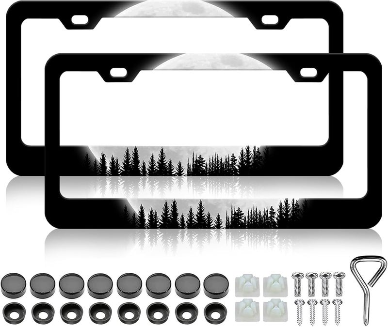 LIN KANG 2PCS Full Moon Tree License Plate Frames Funny Night Forest License Plate Holder Universal Stainless Steel Rust-Proof Waterproof Car Decorative Tag Frames for Standard US 12x6 Inch - Image 1